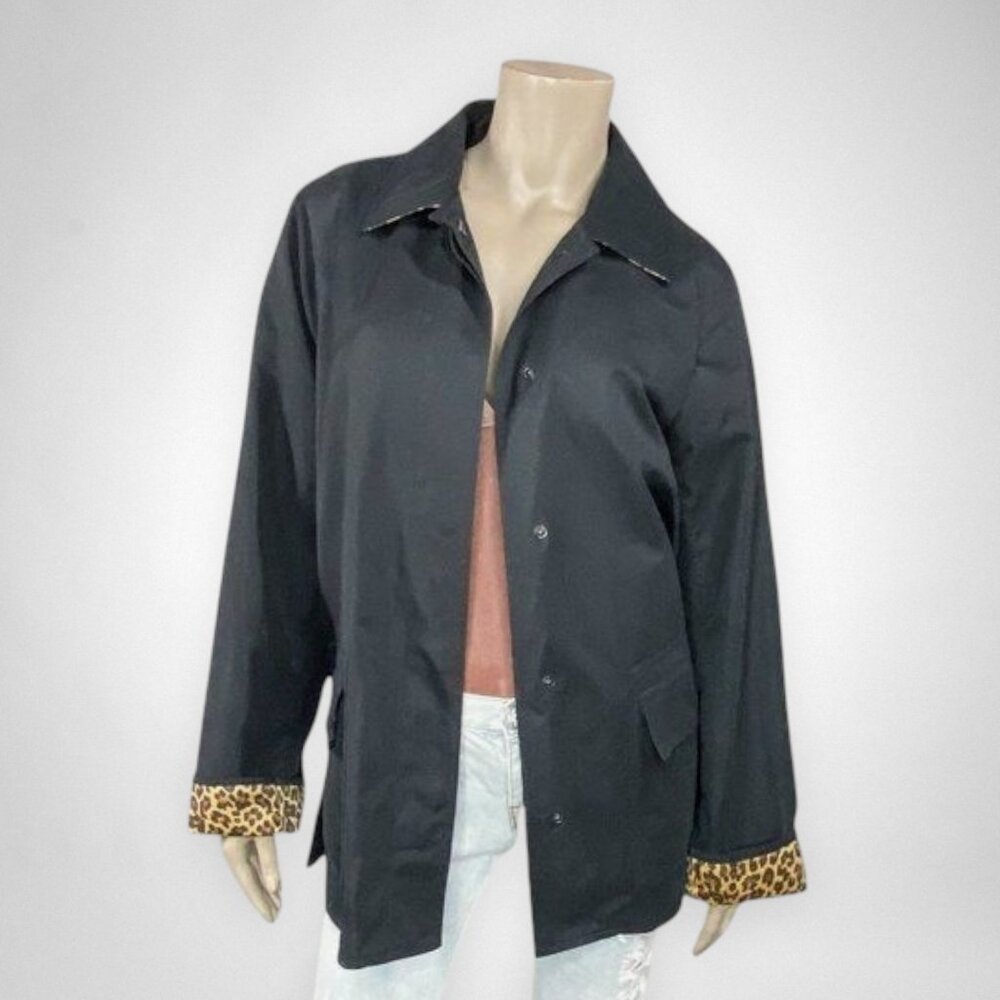 DENNIS BASSO Medium Black Jacket With‎ Leopard Print Lining & Cuffs